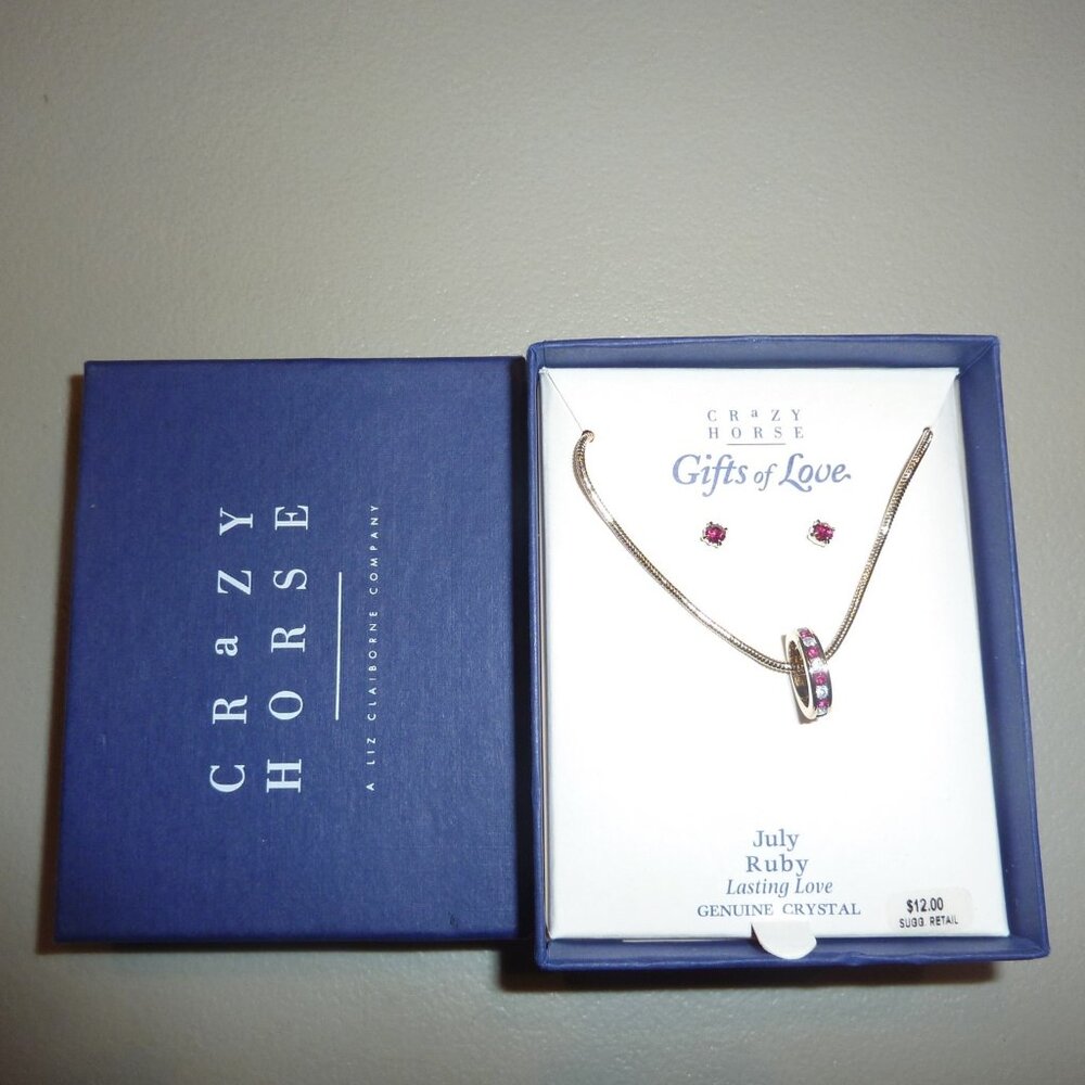 NWT Crazy Horse Gifts of Love July Ruby Necklace and Matching Earrings